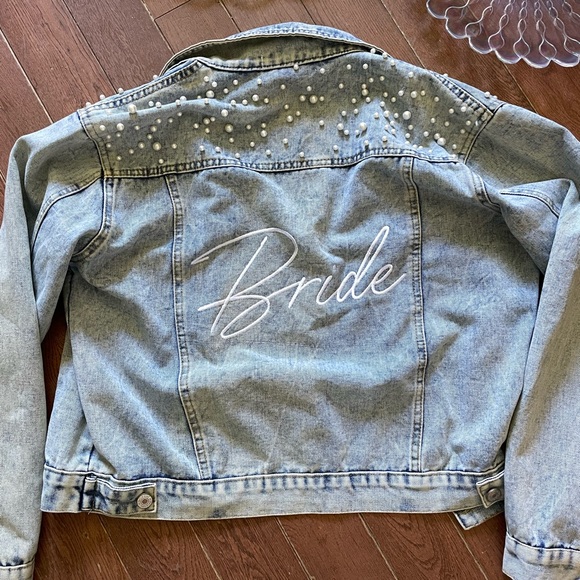 Heirloom Bridal Company BRIDE Pearl studded embroidered denim jacket Bach MED - Picture 3 of 4